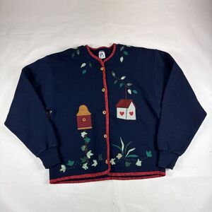 Vtg Jerzees Super Sweats Sweater Womens M Blue Cardigan Made in USA Bird Y2K 90s